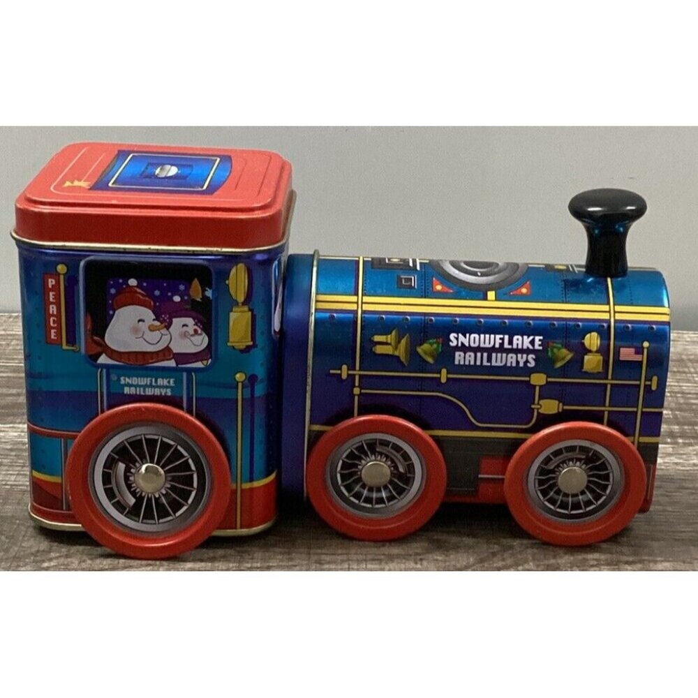 Vintage Tin-Box Company Rolling Train Candy Cookie Tin 7 In. High and 4 In. High